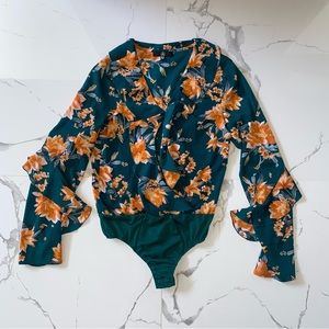 Missguided | Green and orange floral print long sleeve collared body suit | 6